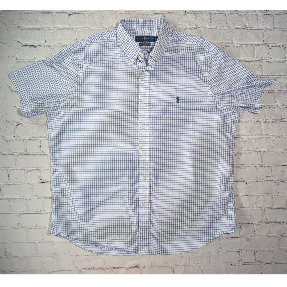 Ralph Lauren Button Down Shirt Mens XL Cotton Blue White Check Short Sleeve